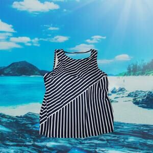 Lands End Women's 16W DDD Navy‎ Blue Stripe Swimsuit Tankini Top High Neckline